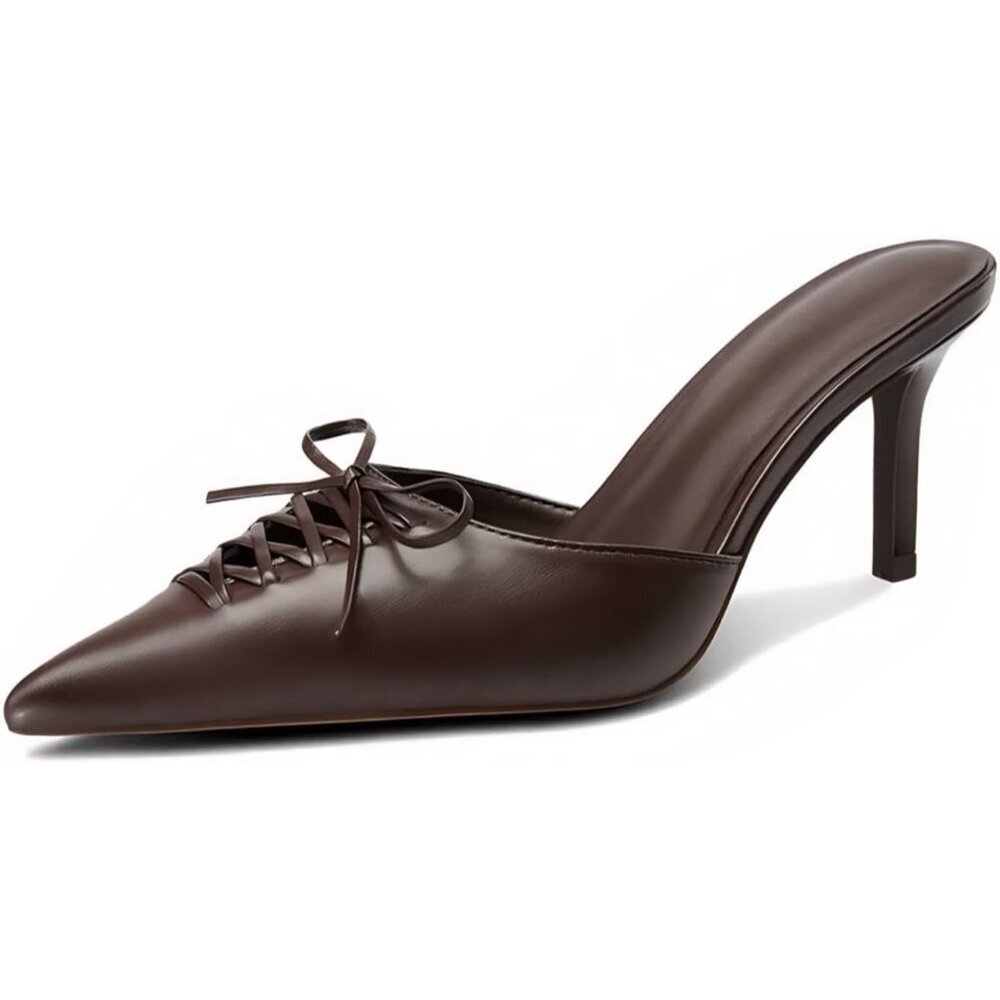Women's Dark Brown Pointed Closed Toe Dressy Bow Heel Vintage Heeled Mules
